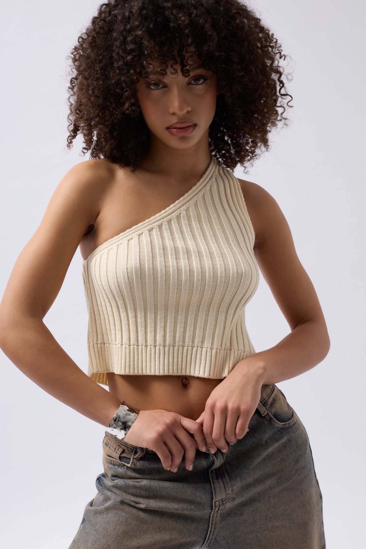 One Shoulder Knit Ecru Blouse