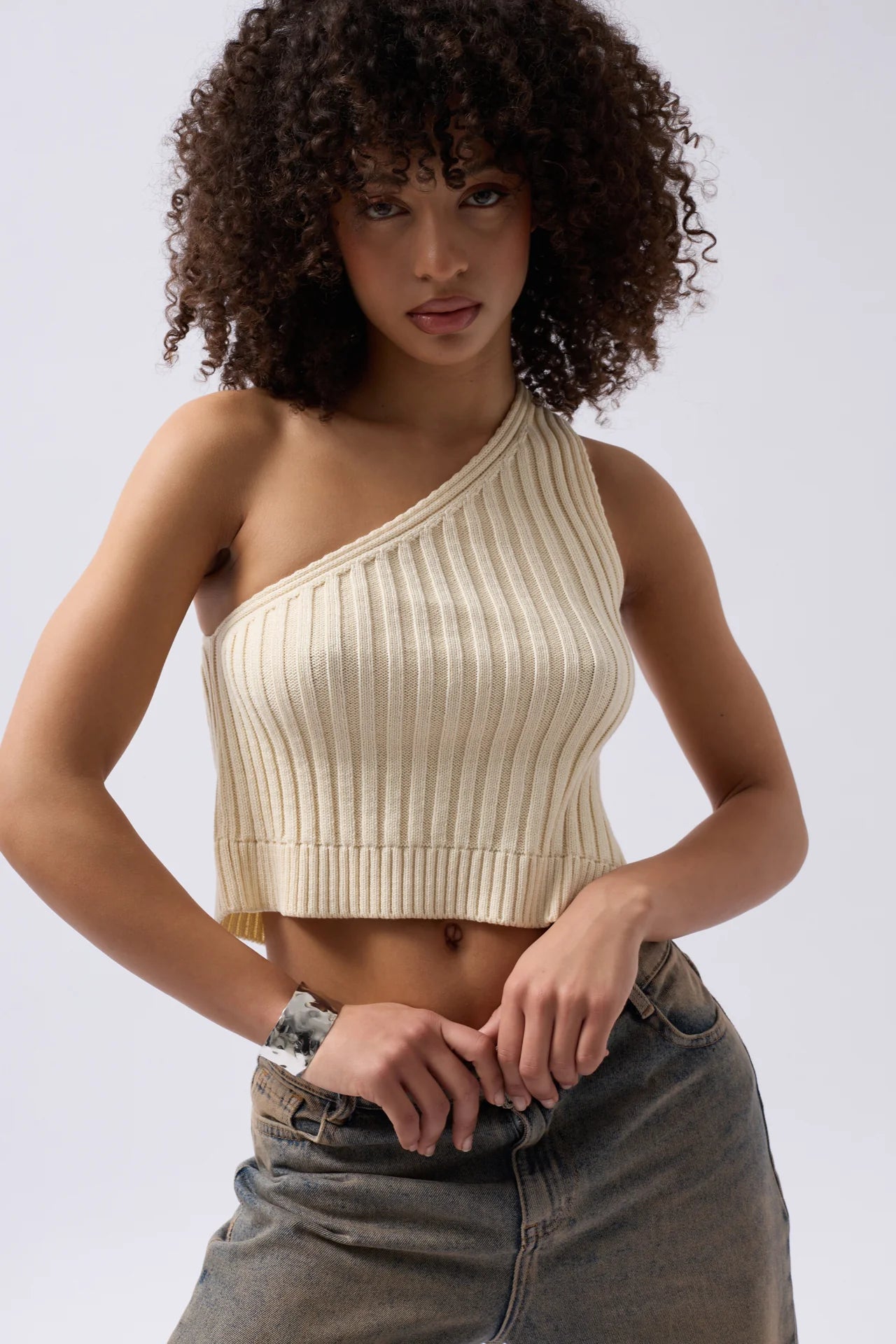 One Shoulder Knitted Ecru Blouse