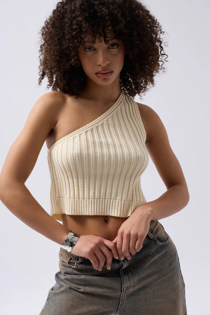 One Shoulder Knitted Ecru Blouse