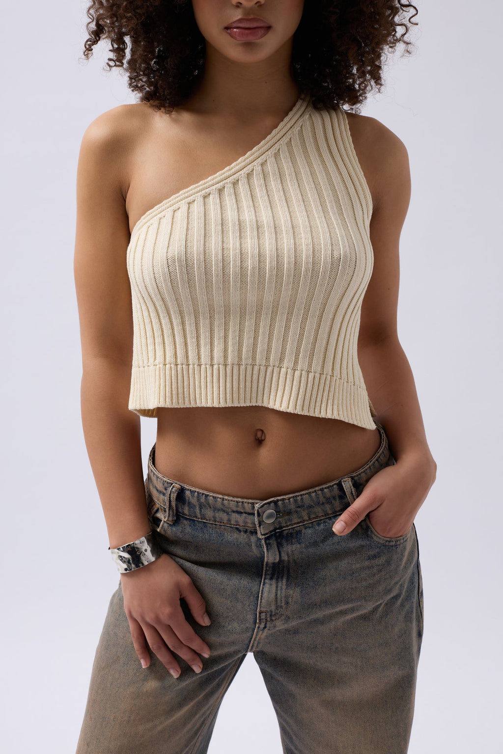 One Shoulder Knit Ecru Blouse