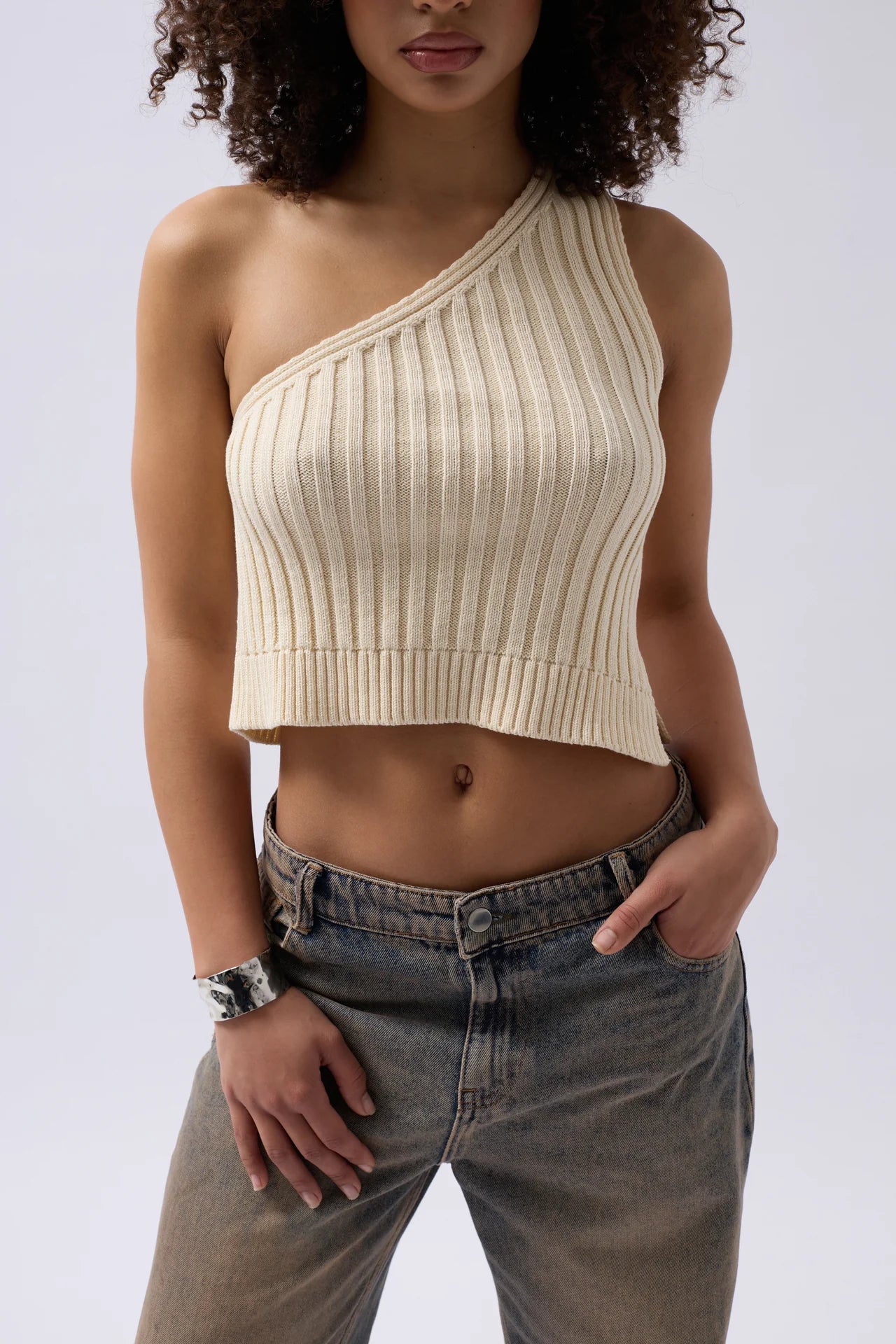 One Shoulder Knitted Ecru Blouse