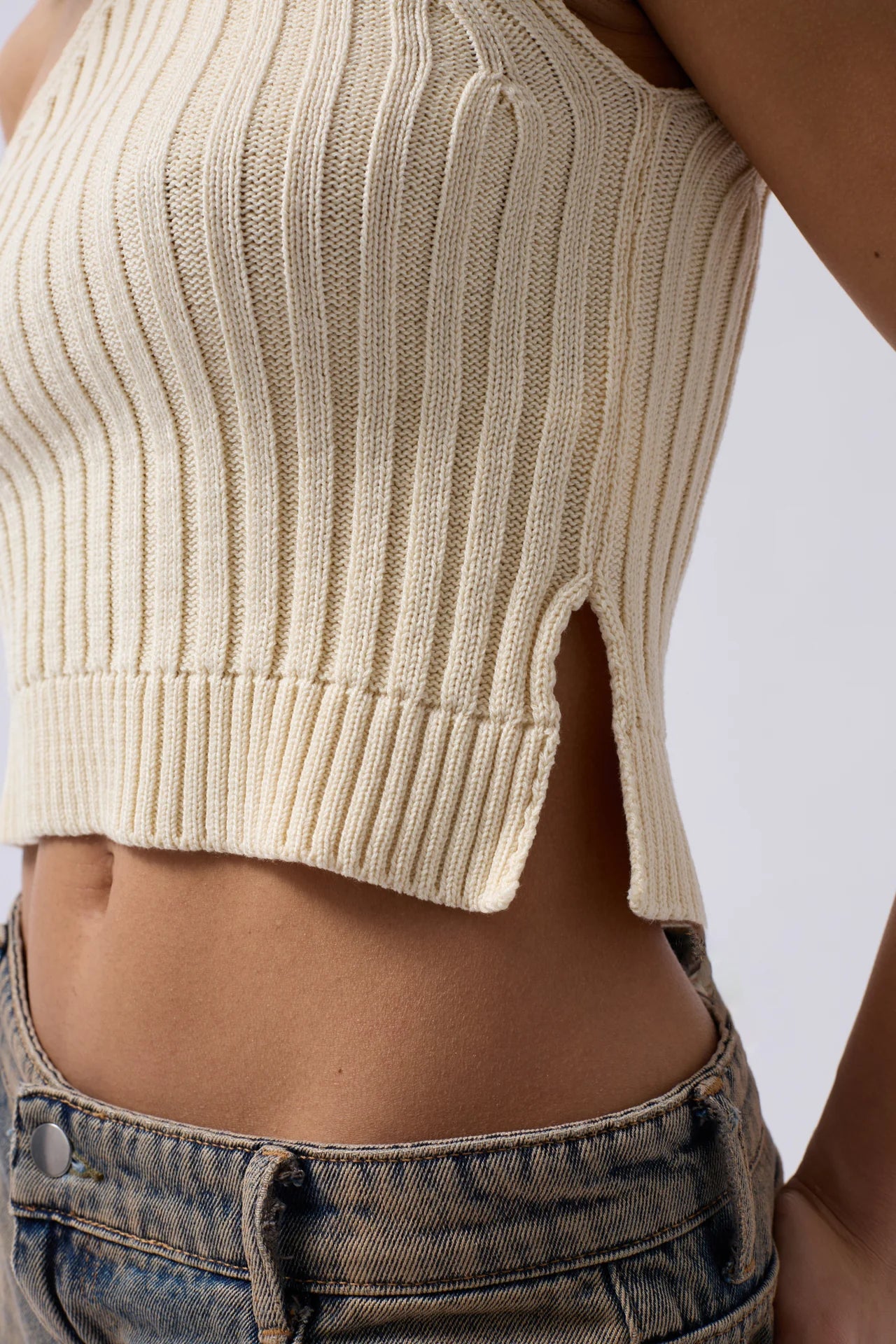 One Shoulder Knitted Ecru Blouse