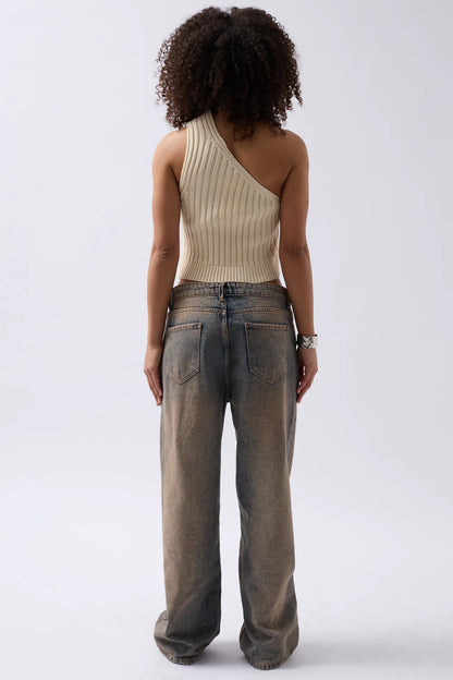 One Shoulder Knitted Ecru Blouse