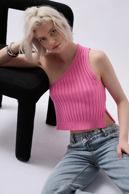 One Shoulder Knitted Pink Blouse