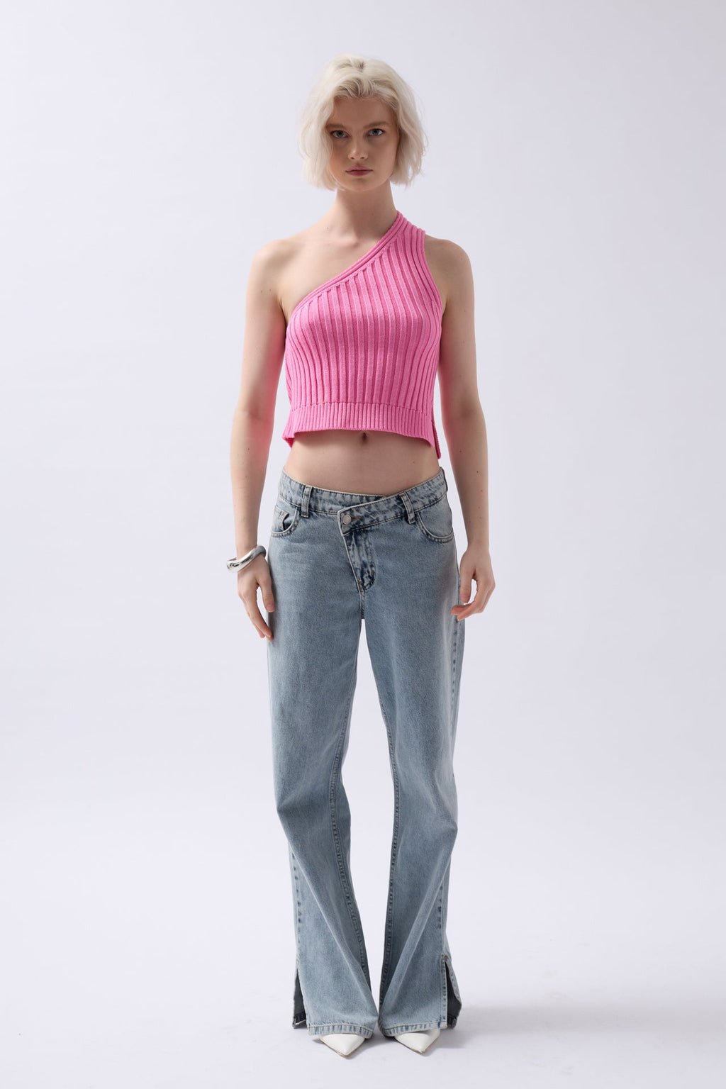 One Shoulder Knit Pink Blouse