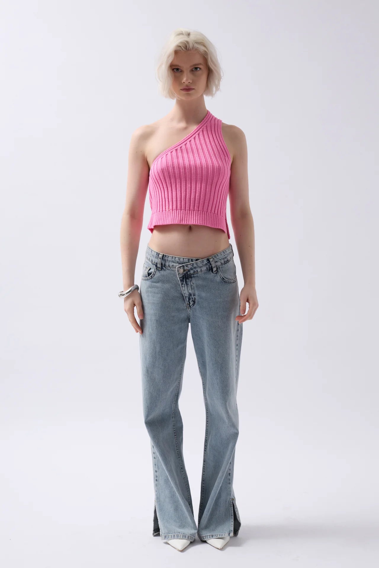 One Shoulder Knitted Pink Blouse