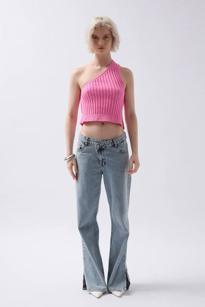 One Shoulder Knitted Pink Blouse