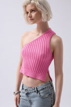 One Shoulder Knit Pink Blouse