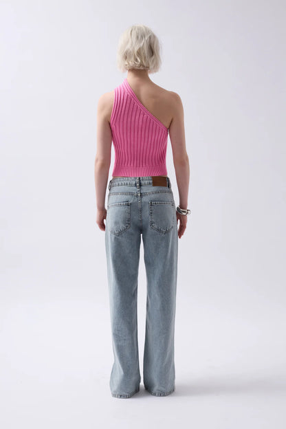 One Shoulder Knitted Pink Blouse