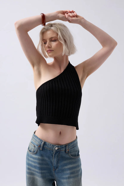 One Shoulder Knitted Black Blouse