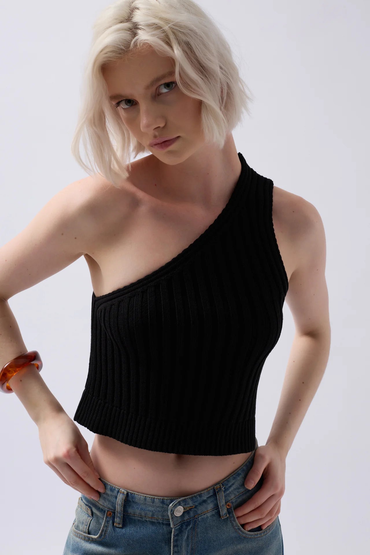 One Shoulder Knitted Black Blouse