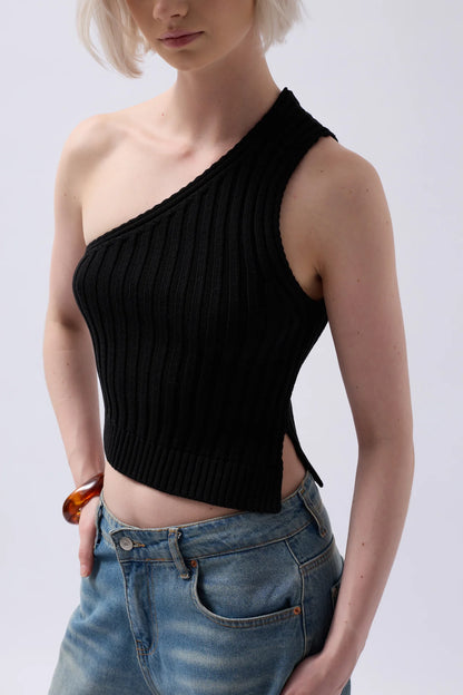 One Shoulder Knitted Black Blouse