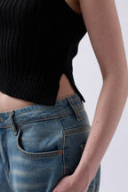 One Shoulder Knit Black Blouse