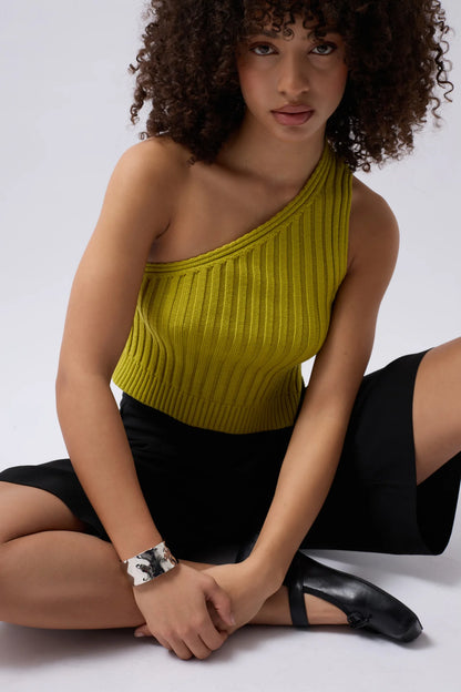 One Shoulder Knitted Green Blouse