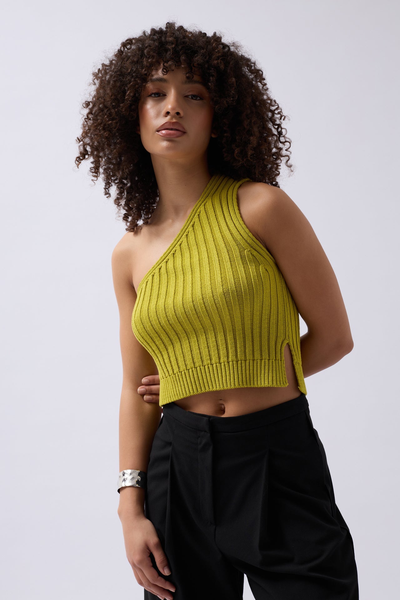 One Shoulder Knit Green Blouse
