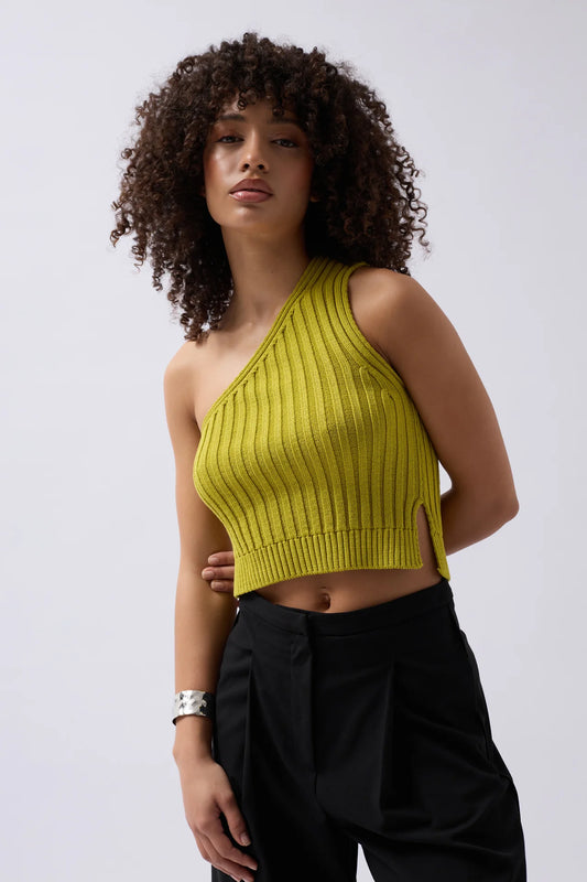 One Shoulder Knitted Green Blouse