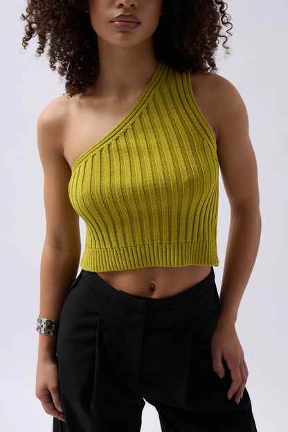 One Shoulder Knitted Green Blouse