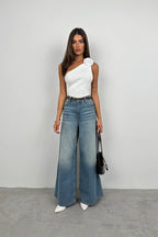 One Shoulder Ecru Knit Blouse