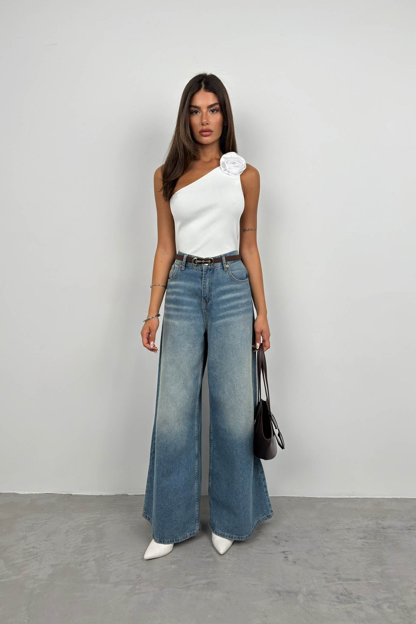 One Shoulder Ecru Knit Blouse