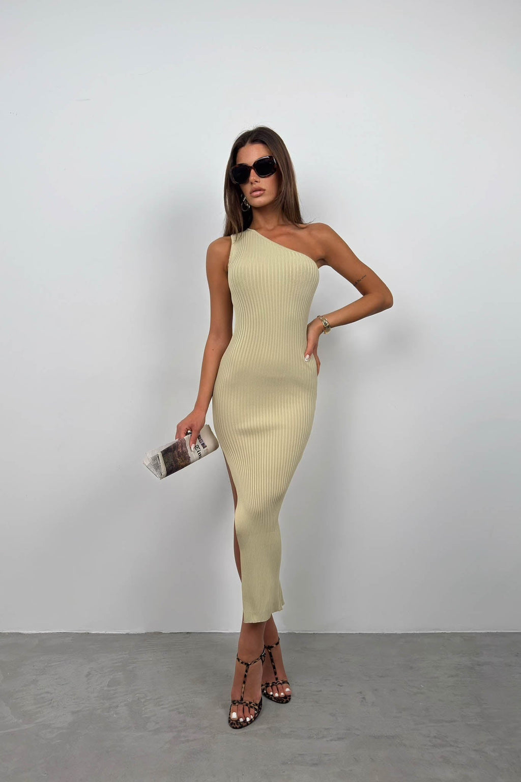One-Shoulder Slit Beige Dress