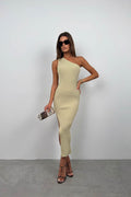 One-Shoulder Slit Beige Dress