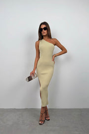 One Shoulder Slit Beige Dress