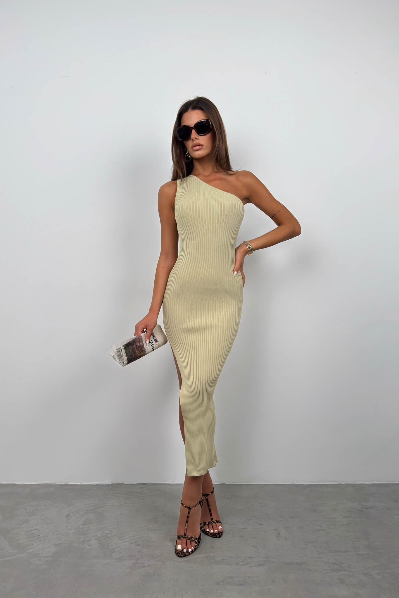 One-Shoulder Slit Beige Dress