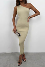 One-Shoulder Slit Beige Dress
