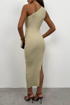 One-Shoulder Slit Beige Dress