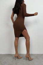 One-Shoulder Slit Brown Knit Dress