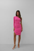 One Shoulder Slit Pink Knit Dress