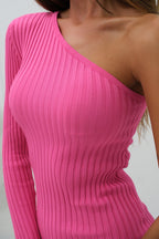 One Shoulder Slit Pink Knit Dress