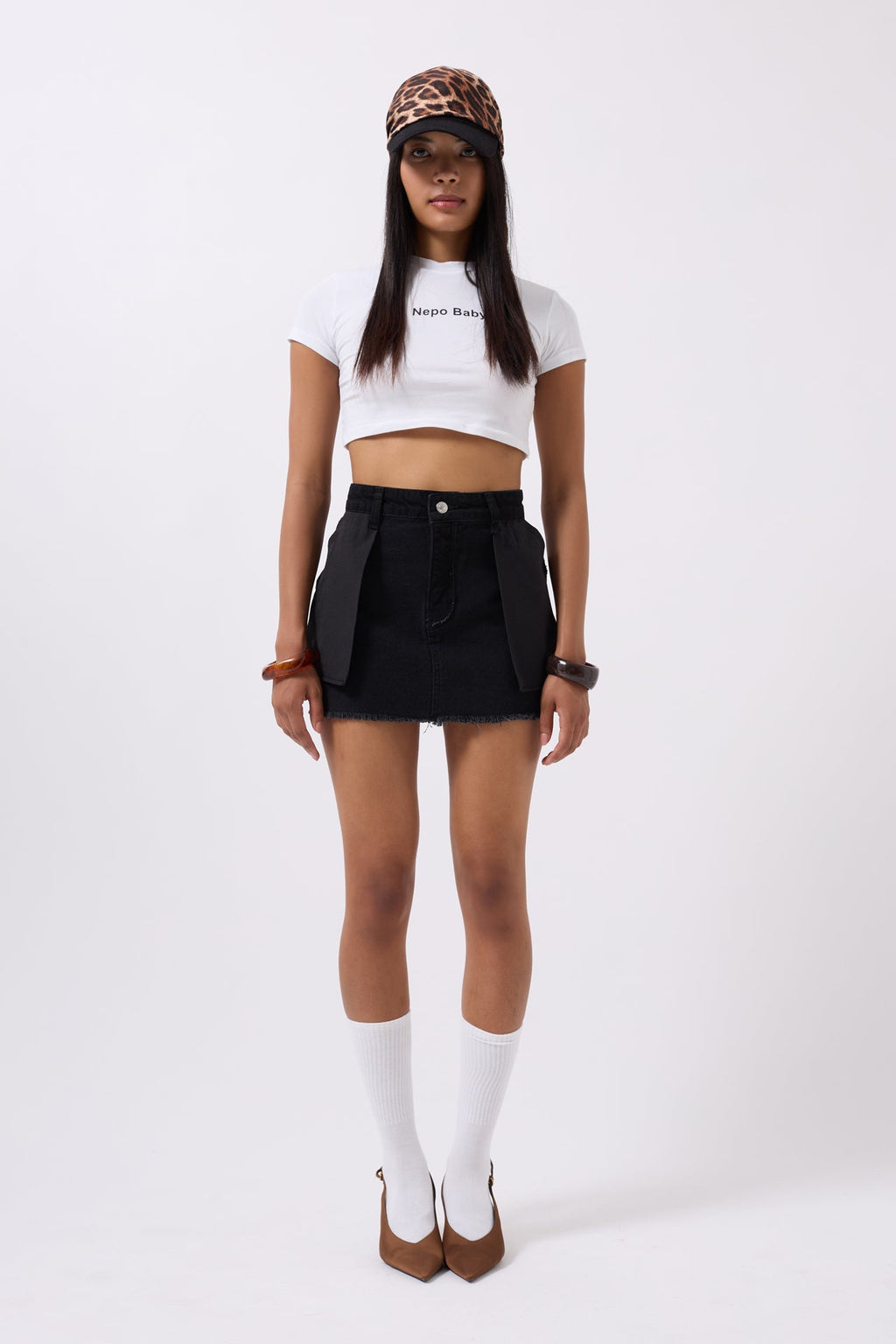 Reverse Detail Denim Mini Black Skirt