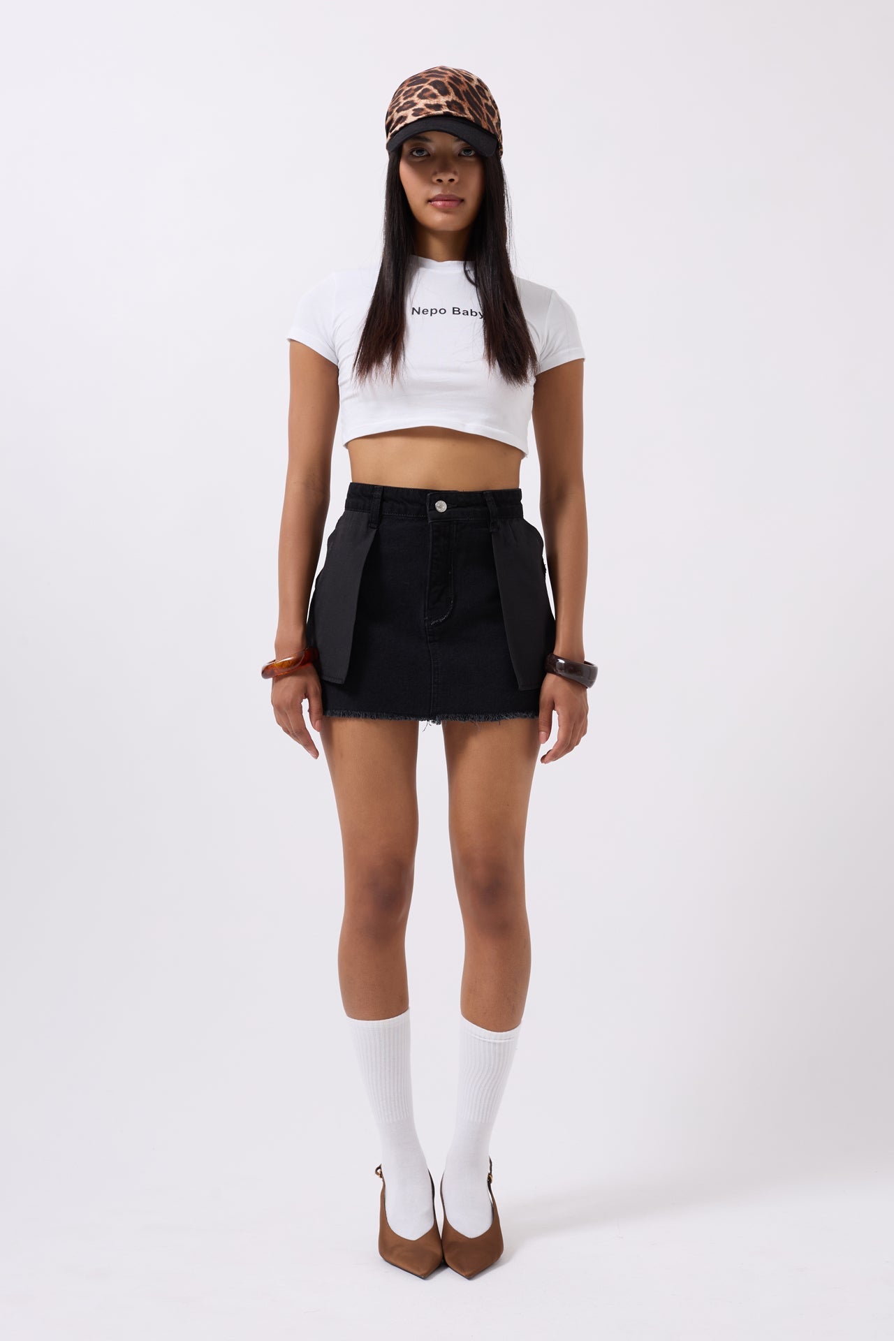 Reverse Detail Denim Mini Black Skirt