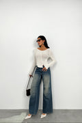 Reverse Stitch Detail Ecru Triko Blouse