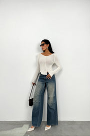 Reverse Stitch Detail Ecru Knit Blouse