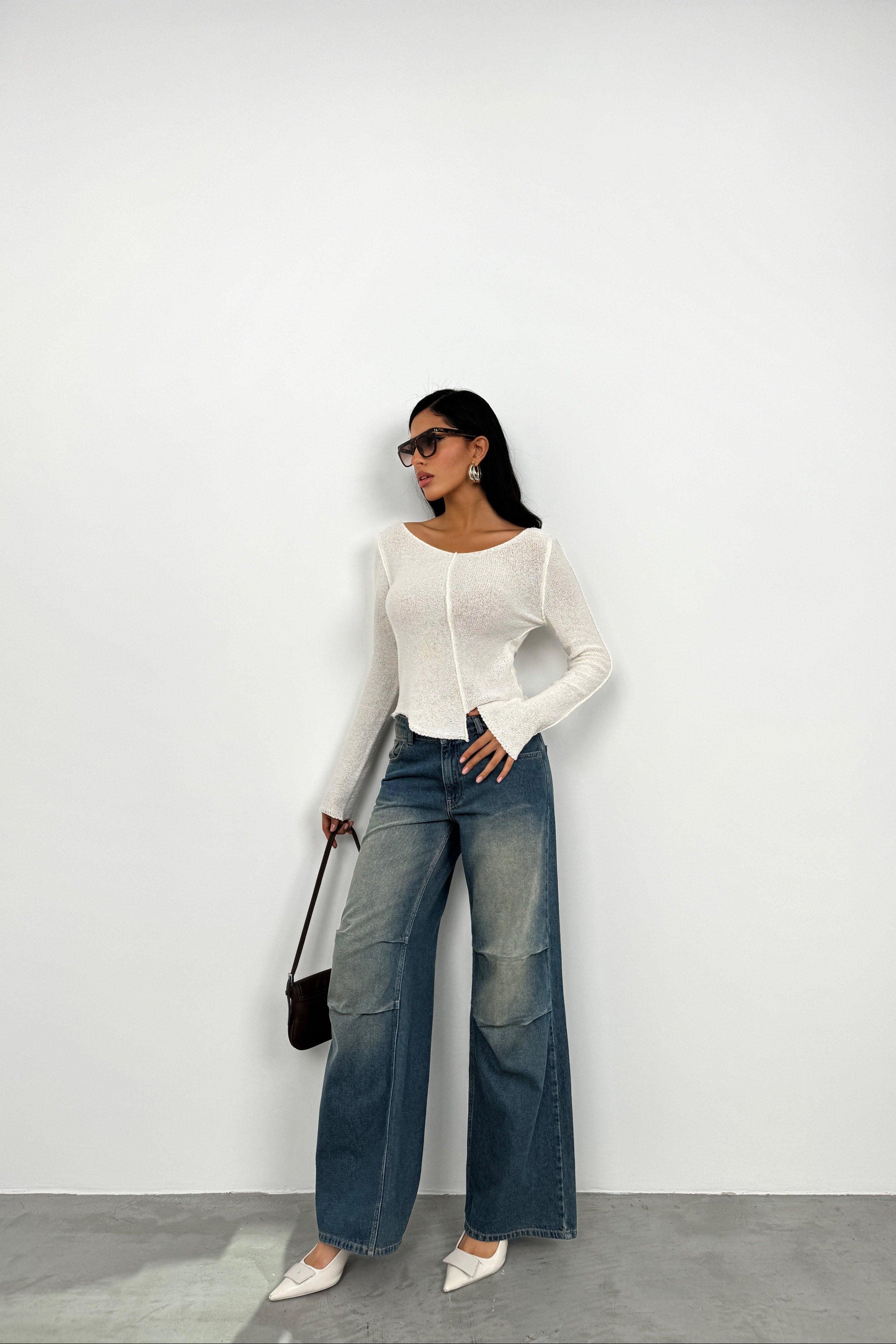 Reverse Stitch Detail Ecru Triko Blouse