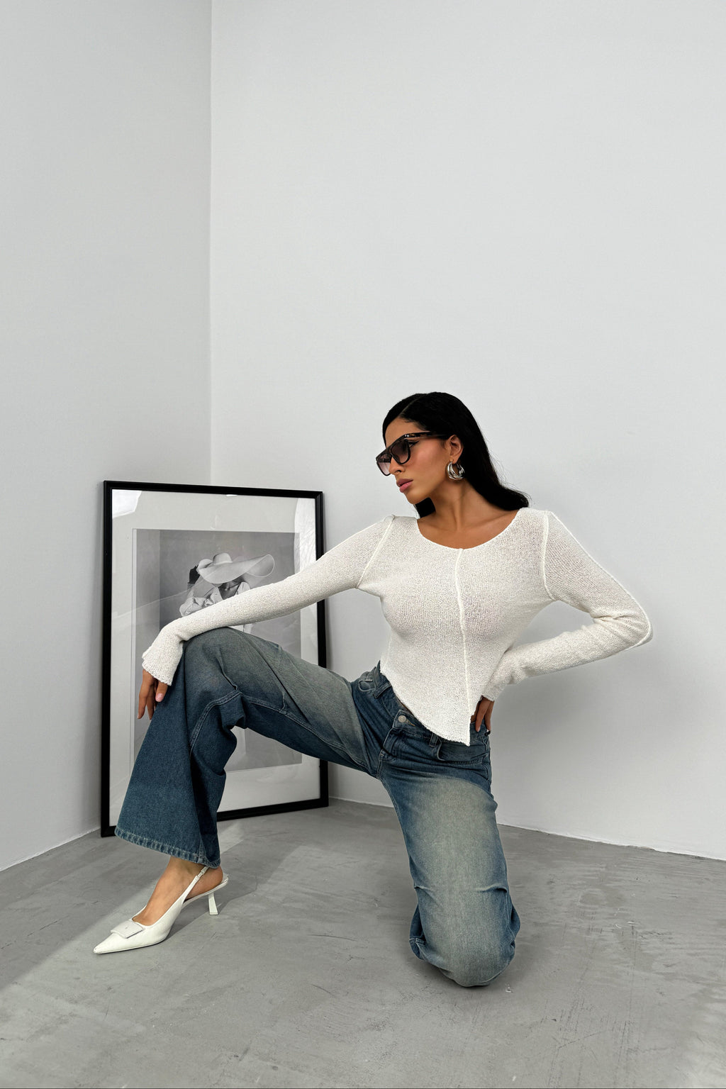 Reverse Stitch Detail Ecru Triko Blouse