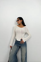 Reverse Stitch Detail Ecru Triko Blouse