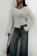 Reverse Stitch Detail Ecru Triko Blouse