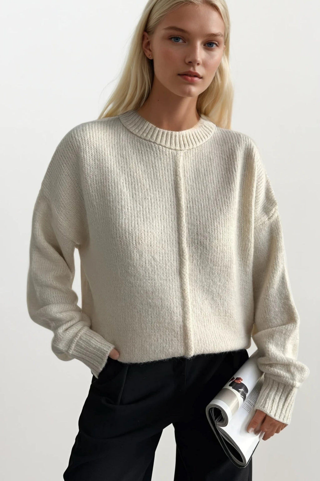 Reverse-Stitched Crew Neck Ecru Sweater