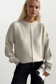 Reverse Stitched Crew Neck Ecru Sweater