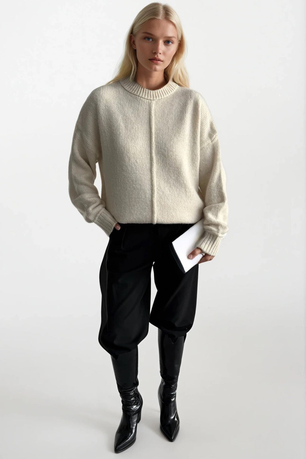 Reverse-Stitched Crew Neck Ecru Sweater