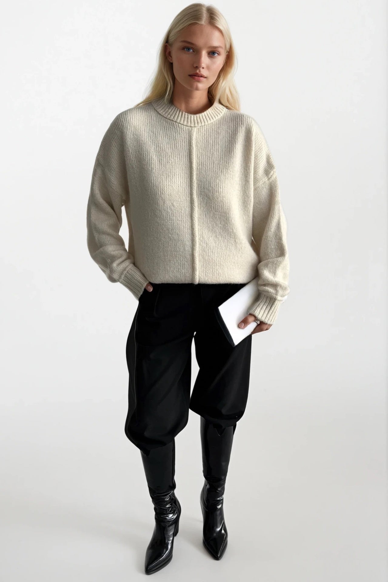 Reverse-Stitched Crew Neck Ecru Sweater