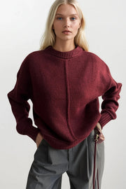 Burgundy Crew Neck Sweater with Reverse Stitching