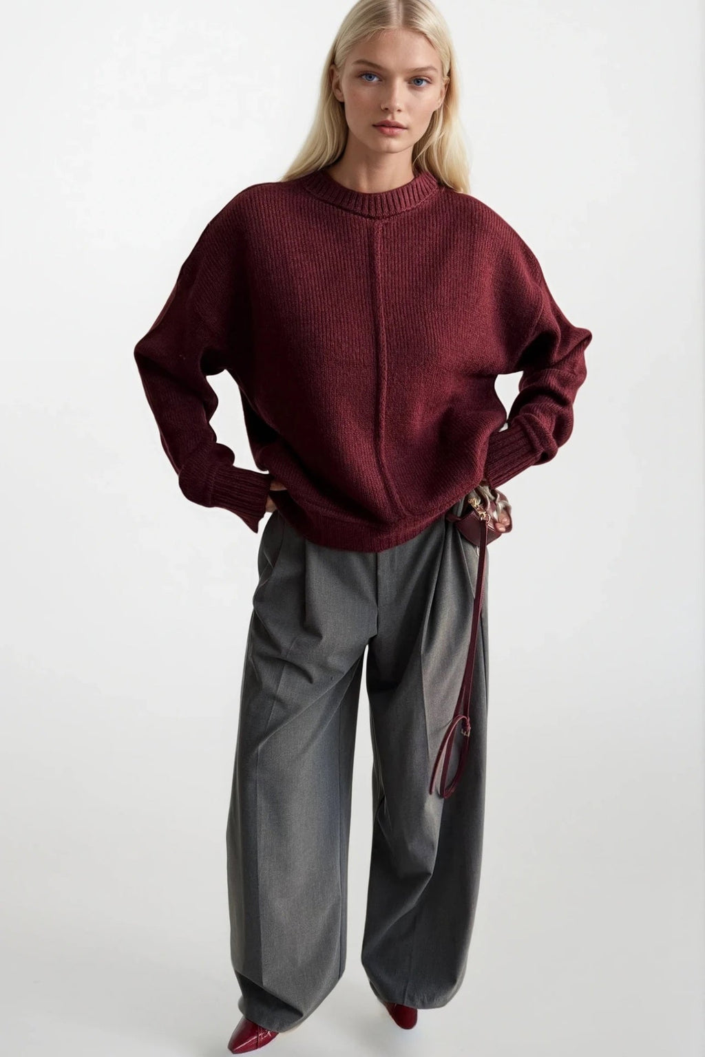 Reverse-Stitched Crew Neck Burgundy Sweater