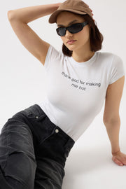 Thank God Printed Lycra Crop White T-Shirt