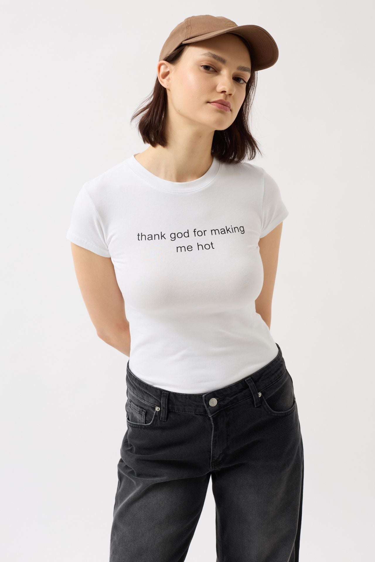 Thanks God Printed Stretch Crop White T-Shirt