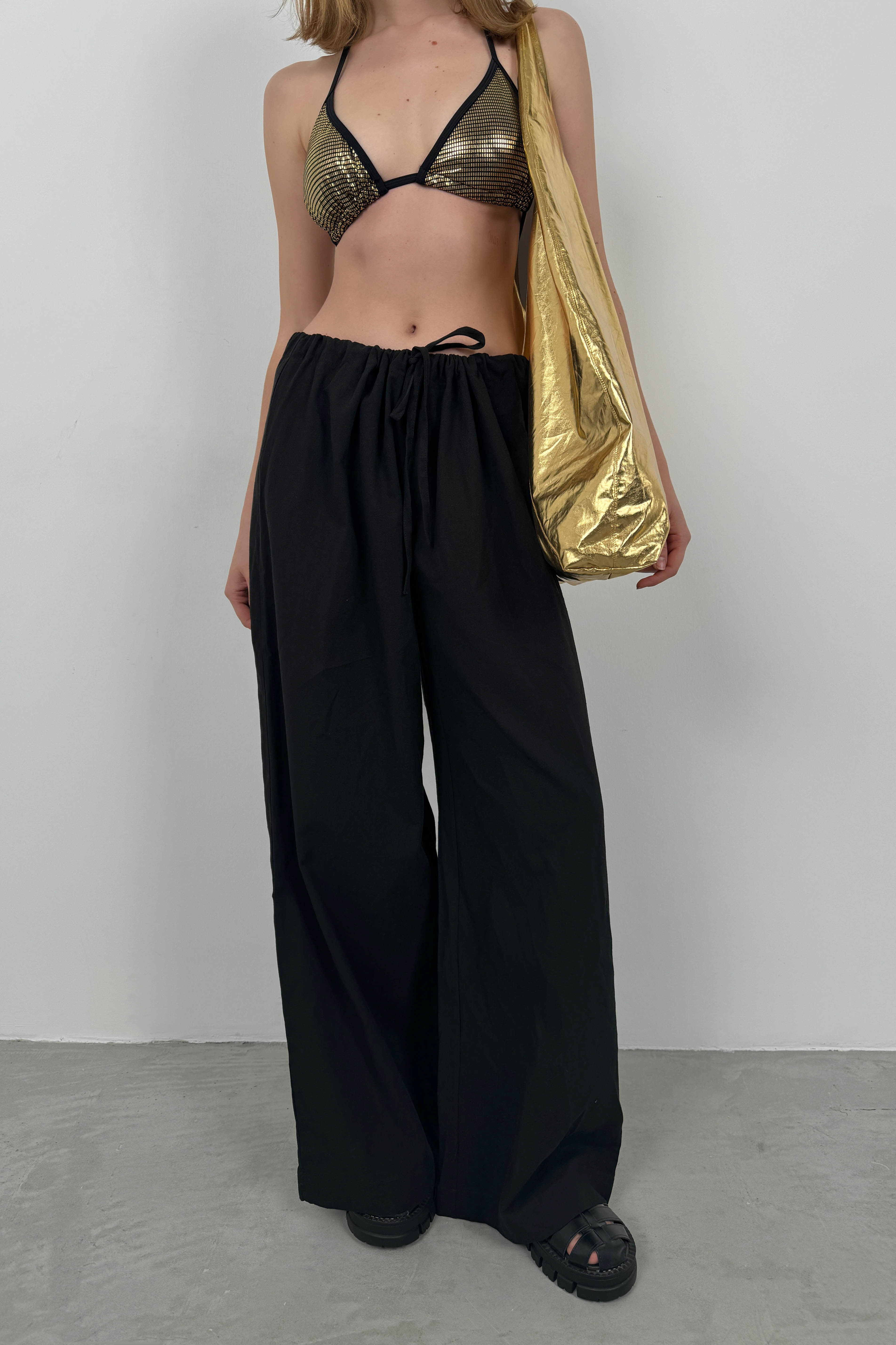 Tunnel Detail Voile Black Pants