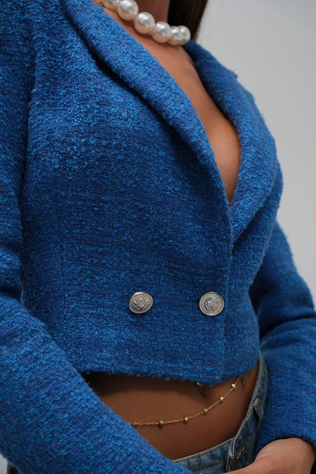 Tweed Crop Sax Blue Blazer Jacket